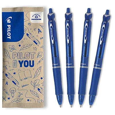 Image de PILOT Lot de 4 stylos Acroball Stylo bille à encre ultra douce pour une fluidité d’écriture inégalée rechargeable et rétractable en plastique recyclé bleu Pointe moyenne