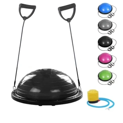 Image de FMYBB70N Balance Half Ball (Ø 60 cm) Boule Gonflable Demi Fitness Trainer pour Yoga Pilates Fonctionnelle Physiothérapie avec élastiques, poignées et pompe (Noir)