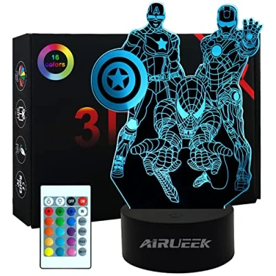 Image de AIRUEEK Spiderman Veilleuse 3D Super Héros, 16 Variations De Couleurs/1 TéLécommande/1 Base Noire/avec réglage tactile Décoration Chambre Créatif Iron Man, Captain America