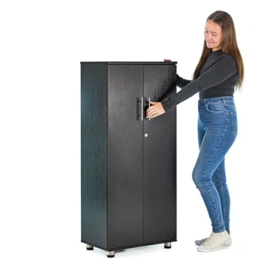 Image de MMT Armoire 2 portes verrouillable Bibliothèque à domicile, bureau, cuisine, garde manger, garage Bois stratifié étagères (Noir)