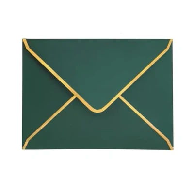 Image de Lot de 50 enveloppes d&#039;invitation, format 5x7 vertes, luxueuses, 18,5 x 13,5 cm, miniatures, avec rabat en V, bord doré pour mariage, invitations, fêtes, cartes vœux