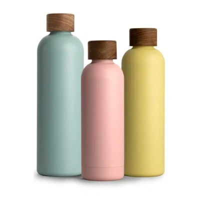 Image de T&amp;N Bouteille Isotherme d’eau 500ml en acier inoxydable avec bouchon bois d&#039;acacia, Gourde Inox 0,5l, conserve le froid à 29h, la chaleur 14h, étanche pour boissons gazeuses