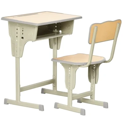 Image de HOMCOM Bureau Enfant Vintage Style pupitre d&#039;écolier Ensemble et Chaise réglable Case de Rangement, Bracket, Range stylos Acier Kaki MDF Aspect Bois Clair
