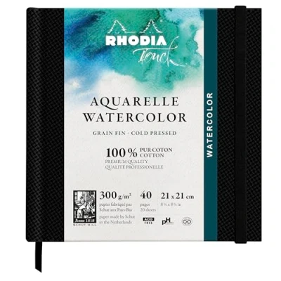 Image de RHODIA TOUCH 116143C Carnet aquarelle 100 % coton grain fin 300 g/m² 21x21 cm 40 pages non microperforées Brochure rigide Watercolor Book