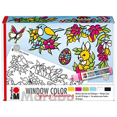 Image de Marabu 0406000013909 Window Color Fun &amp; Fancy Spring Awakening fenêtres à Base d&#039;eau, 6 Crayons x 25 ML, 2 Feuilles de Peinture A5 et A3, Single,