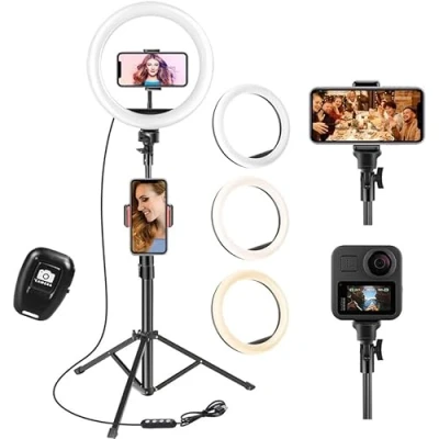 Image de Anneau Lumineux avec trépied, 25,4 cm télécommande, 3 Modes, 10 luminosités réglables, de lumière pour TikTok, Maquillage, Selfie, Streaming, Youtube, Twich Live