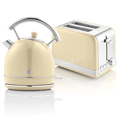 Image de Swan Retro Ensemble Petit Déjeuner, Bouilloire 1,8L avec Élément Chauffant en Acier Inox, Grille pain à Fente Large 2 Tranches, Régulateur de Grillage 6 Niveaux, Design Vintage, Crème