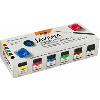 Image de KREUL 90600 Javana Set de 6 pots peinture pour tissus clairs 20 ml avec 1 pinceau Couleurs base lumineuses Caractère crémeux Résiste au lavage après fixation