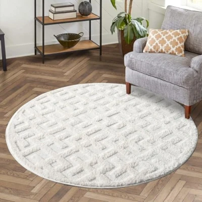 Image de carpet city Scandi Tapis de salon, à poils longs, rond, 160 cm, blanc uni, blanc/crème, motif géométrique profond, effet 3D, pour chambre coucher, style bohème, bohème