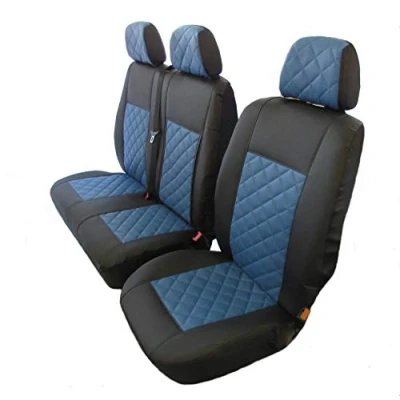 Image de Texmar Conçues pour s&#039;adapter aux Mercedes Sprinter 2006 2018, VW Crafter 2018 Housses de siège en cuir écologique noir et bleu (1 simple, 1 double)
