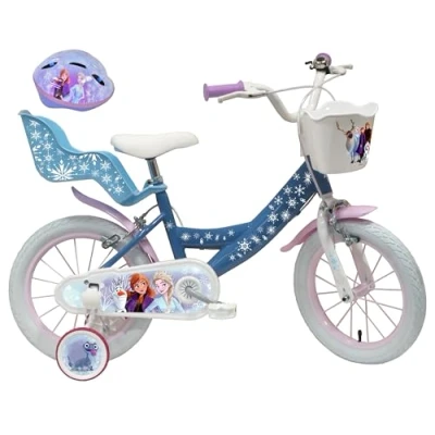 Image de A.T.L.A.S. Vélo Enfant 16&#039;&#039; Fille Reine des Neiges/Frozen équipé de 2 Freins, Panier Avant, Porte poupée arrière, Garde boues et Stabilisateurs + Casque Frozen Inclus !, Bleu Blanc