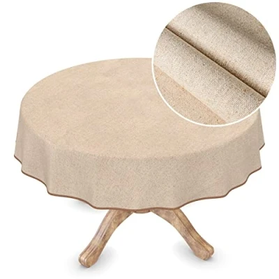 Image de ANRO Nappe en Toile cirée Lavable, Aspect Lin, Beige uni, Durable, Ronde, 140 cm
