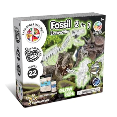 Image de Science4you Kit de Fouille Fossiles 2 en 1 Excaver et Assembler Dinosaures Qui Brille dans l&#039;Obscurité, 22 pièces: T Rex Triceratops Jouet pour Enfants +6 Ans