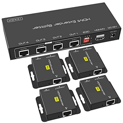 Image de VEDINDUST HDMI Splitter Extender 1 Entrée 4 Sorties 50m(165ft) Over Cat5e/6/7 Ethernet Transmitter Receiver Presets EDID 1080p POC (Seulement Besoin D&#039;alimentation TX pour Le Travail)