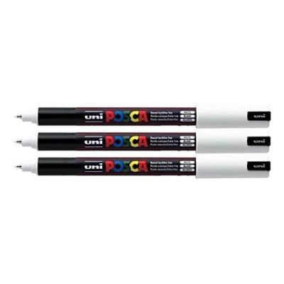 Image de Lot de 3 marqueurs blancs ultra fins avec pointe 0,7 mm PC 1MR Uni Posca pour écrire sur n&#039;importe quelle surface, tissu, verre, pierre, métal, bois, plastique