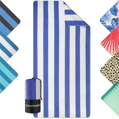 Image de ZENACROSS Serviette de Plage Microfibre Séchage Rapide &amp; Anti Sable Drap XXL 90x180 cm Compacte Légère Piscine Blanc Bleu