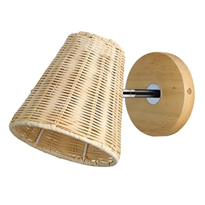 Image de Schindora applique murale en rotin, abat jour rotin tissé à la main avec bois pour chambre, salon, balcon, passage (ampoule non incluse)
