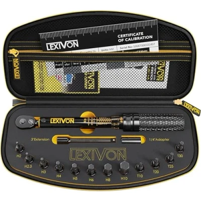 Image de Clé Dynamométrique 1/4, de Torsion 2 26Nm CW (±4%) et CCW (±6%) Kit d&#039;entretien pour Moto y vélo Route Montagne, Embouts Torx, Barre d&#039;extension adaptateur Douille inclus (LX 191)