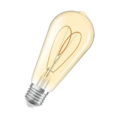 Image de OSRAM Vintage 1906 Edison est une blanc chaud à intensité variaben forme d&#039;ampouEdison avec filament. Il offre 4,9 W pour 470 lm,E27, verre doré, diamètre 64 mm, 2200 K, EEK F.