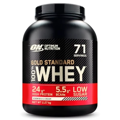 Image de Optimum Nutrition Gold Standard 100% Whey, Poudre de Protéines pour la Construction et Récupération Musculaire, avec Glutamine Acides Aminés BCAA Naturels, Cookies Crème, 71 Portions, 2.27 kg