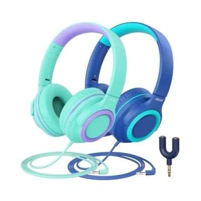 Image de iClever Casque Audio Enfants, Volume Sécurisé Limité 85 DB pour Enfant Filaires avec Répartiteur de Partage, écouteurs Stéréo Pliables sans Enchevêtrement l&#039;école/Tablette/Voyage