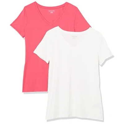 Image de Amazon Essentials T Shirt Col en v à Manches Courtes Coupe Classique Femme, Lot de 2, Rose Vif/Blanc, XXL