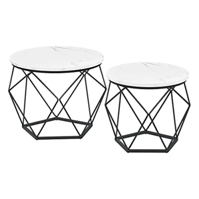 Image de VASAGLE Table Basse Ronde, Lot de 2, d’Appoint, Bout Canapé, Style Moderne, Plateau Amovible, Cadre en Acier, pour Salon, Blanc et Noir LET040B59