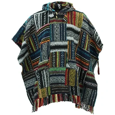Image de LOUDelephant Poncho à capuche 100% coton tissé Gheri Style mexicain, Patchwork, taille unique