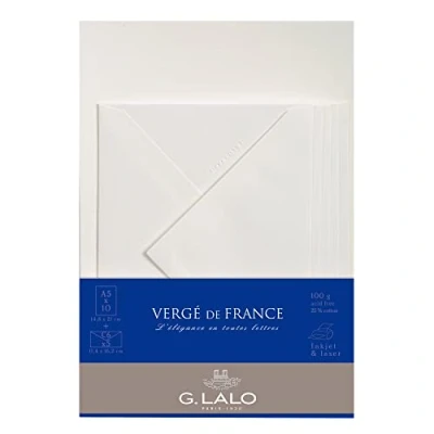 Image de Lalo 61400L Un ensemble de correspondance comprenant 10 feuilles A5 100g et 5 enveloppes gommées doublées 11,4x16,2 cm, Vergé France, Blanc