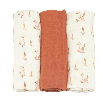 Image de Trois Kilos Sept Lot de 3 Langes bébé Carrés Mousseline Coton 70x70cm Multi usages: Couverture, Doudou, Bavoir, Protection Solaire Certificié Oeko tex Motif Oie Terracotta