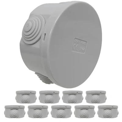 Image de Lot de 10 boîtes jonction électriques rondes 80 mm avec œillets d&#039;entrée câble en caoutchouc et couvercle à clipser IP44 résistant aux éclaboussures intempéries