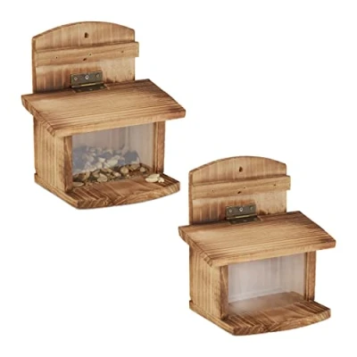 Image de Relaxdays Mangeoire pour écureuils, en Lot de 2, Bois flammé (Sapin), avec Toit ouvrant, vitre, à Suspendre, Nature