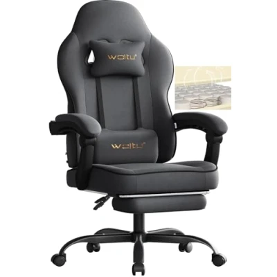 Image de WOLTU Chaise Gaming, Fauteuil avec Coussin à Ressorts Ensachés, Ergonomique, Charge 150kg, Appui tête, Support Lombaire, Repose Pieds, Tissu Technique, Gris, GS10gr
