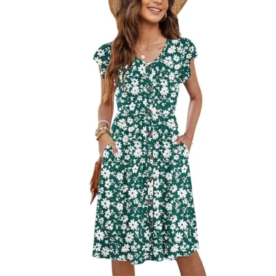Image de MOLERANI Femmes Robes d&#039;été Manches V Cou Décontracté Swing Taille élastique avec Poche Robe De Midi pour Les Diasy Vert L