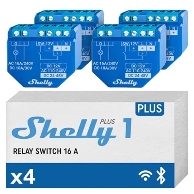 Image de Shelly Plus 1, Interrupteur/commutateur de relais connecté 16A, 1 canal, Wi Fi &amp; Bluetooth, Contacts secs, Alexa Google Home, App iOS Android, Sans hub, Commande portail, Lot 4