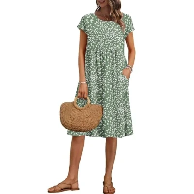 Image de AUSELILY Robe Femme d&#039;été Droite Mi Longue à Manches Courtes Robes aux Genoux Ample Décontractée Style Empire avec Poches