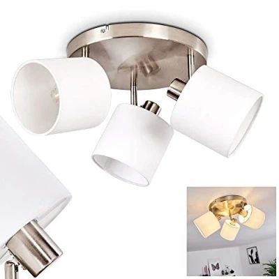 Image de plafonnier Alsen, rond en métal/tissu nickel mat/blanc, 3 flammes, spots orientables, x E14, spot avec abat jour tissu au design rétro/vintage, ampoule(s) non incluse(s)