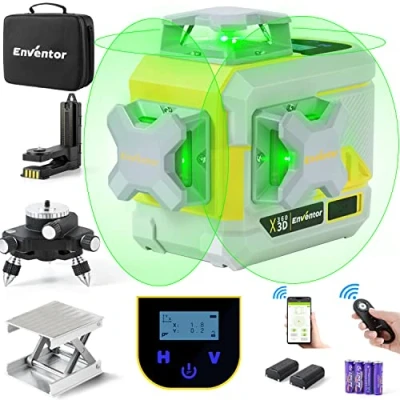 Image de Niveau Laser Vert 3x360, ENVENTOR 3D Professionnel Croix 20M avec Télécommande,Autonivellement et Mode Pulsé Extérieur,USB Charge,Écran L