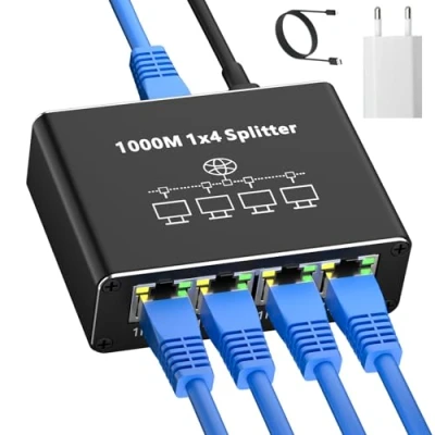 Image de AOUZEA Switch RJ45 4 Ports 1000Mbps Ethernet, Hub Multiprise Ethernet 1 to Splitter Avec USB C câble et Chargeur pour Ordinateur,Hub, Network Switch, Routeur, Set Top Box, Digital TV