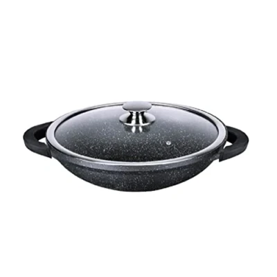 Image de Kamberg Wok 36 cm Fonte d&#039;Aluminium Revêtement Type Pierre Couvercle en Verre Tous Feux dont Induction Sans PFOA 0008047, Noir