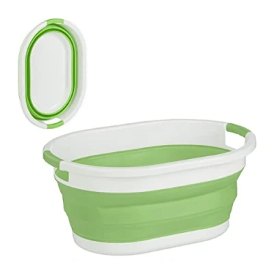 Image de Relaxdays Panier à Linge, 24 litres, en Plastique, Pliable, Rangement Peu encombrant, avec poignées, Vert et Blanc
