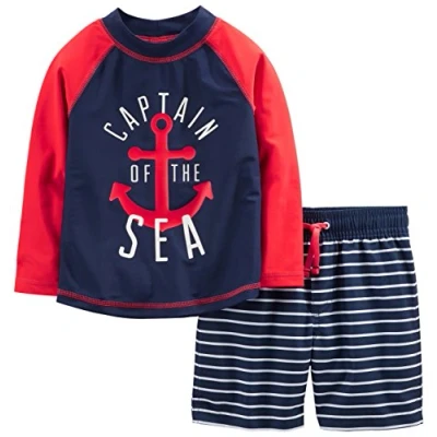 Image de Simple Joys by Carter&#039;s Maillot de bain, haut natation et short bain Bébé Garçon, Blanc Rayures/Bleu Marine Rouge Ancre, 24 mois
