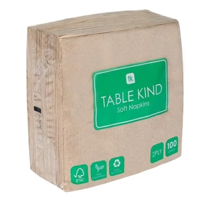 Image de table Kind Lot de 100 Serviettes en papier souple recyclé, jetables marron, Traiteur et usage quotidien, Ecologique, Kraft non blanchi, Compostable, Fabriqué UE, 2ply, 33cm