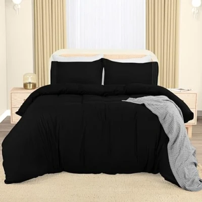 Image de Utopia Bedding Housse de Couette 200x200 cm avec 2 Taies d&#039;oreiller Brodée 50x75 (Noir) Parure Lit Ensembles Housses en Microfibre brossée