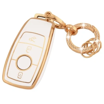 Image de Koaudb Coque de clé voiture pour Mercedes Benz, 3 boutons en TPU souple avec porte clés Bling Benz A B C E G S SL CLS Classe AMG Smart Key Fob Case (R Bz 3L W)
