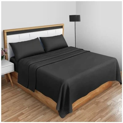 Image de Drap Plat en Percale Infroissable pour lit Simple Tissu Polycoton et Lin Hypoallergénique Noir