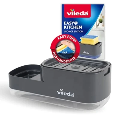Image de Vileda Distributeur de liquide vaisselle Pump avec porte éponge Solution pratique 2 en 1 pour la cuisine savon intégré un dosage facile d&#039;une seule main Design robuste et