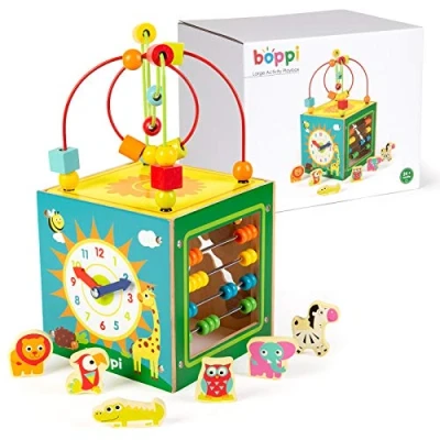Image de boppi Grand Cube d&#039;activité en Bois 5 1 Labyrinthe à Billes 2 Sens Huit Jouet sensoriel pour bébé avec Boulier Horloge Trieur de Formes d’Animaux et Coulisseau Multifonctions Jeu éducationnel
