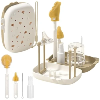 Image de Goupillon Biberon Silicone｜Kit Nettoyage Voyage avec Brosse Tétine + Écouvillon Boîte de Rangement｜Egouttoir Intégré｜Prêt pour Sortie Bébé​