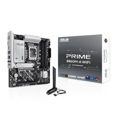 Image de ASUS Prime B860M A WiFi, Carte mère Intel mATX, 7+1+1+1 80A étapes d&#039;alimentation DrMOS, DDR5, PCIe 5.0, 2 emplacements M.2, Wi FI 6E, Realtek 2,5 Go Ethernet, Double DisplayPort, HDMI, USB Type C